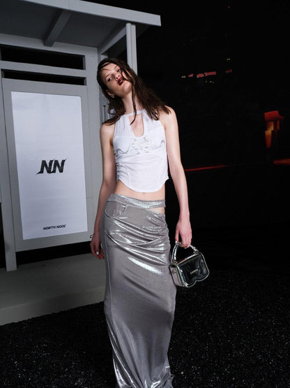 NORTH NODE Sheer Mesh Panel Hotfix Rhinestone Halter Neck Women&