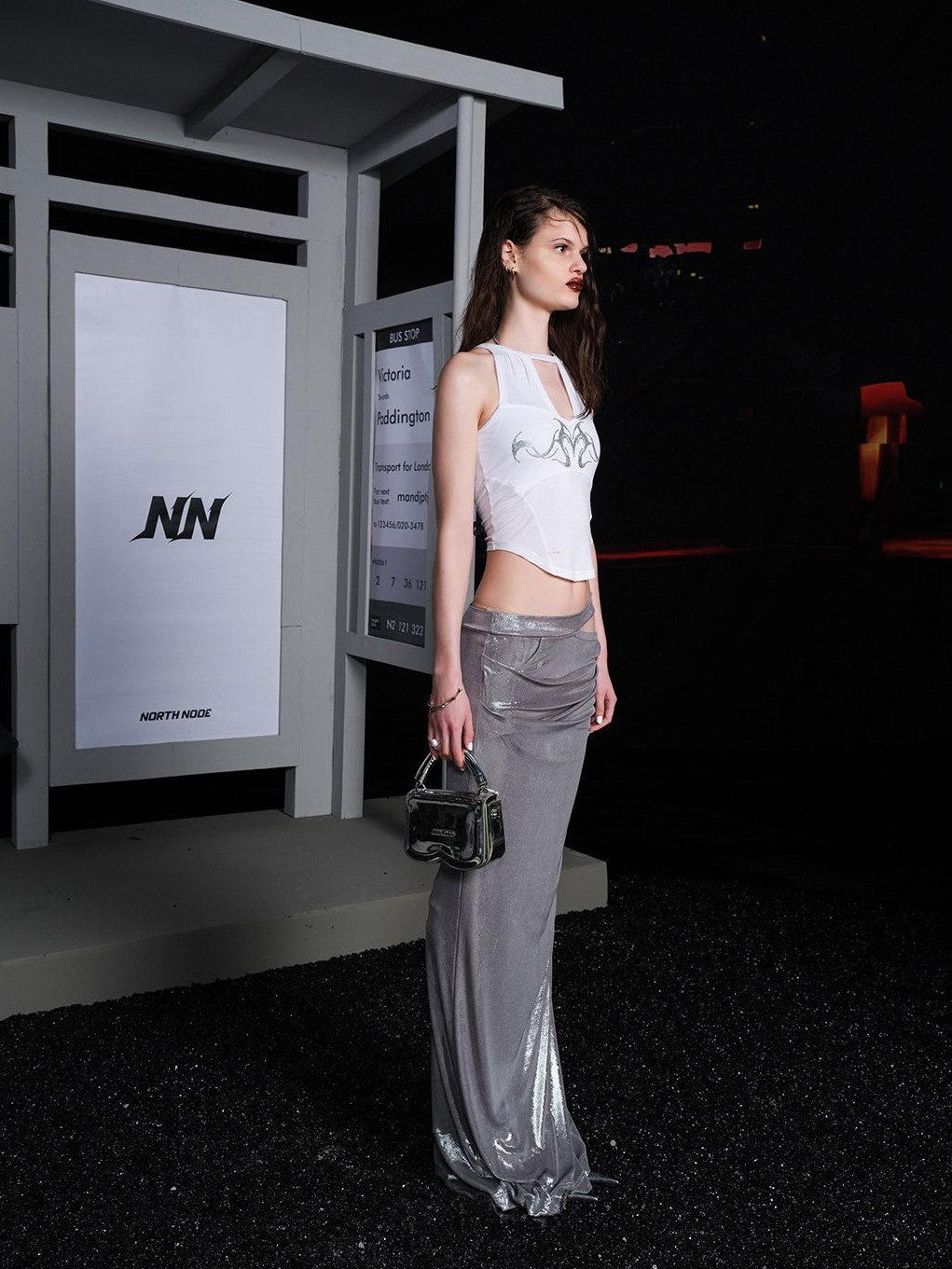 NORTH NODE Sheer Mesh Panel Hotfix Rhinestone Halter Neck Women&