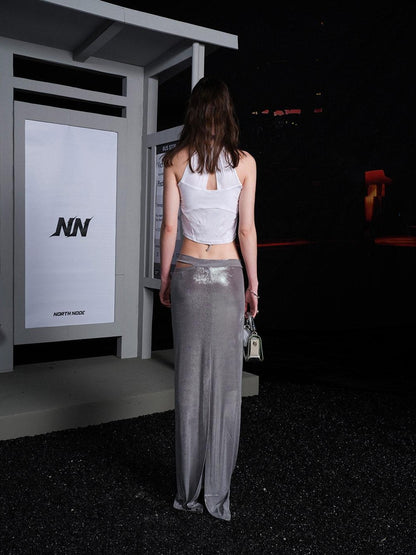 NORTH NODE Sheer Mesh Panel Hotfix Rhinestone Halter Neck Women&