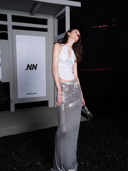 NORTH NODE Sheer Mesh Panel Hotfix Rhinestone Halter Neck Women&