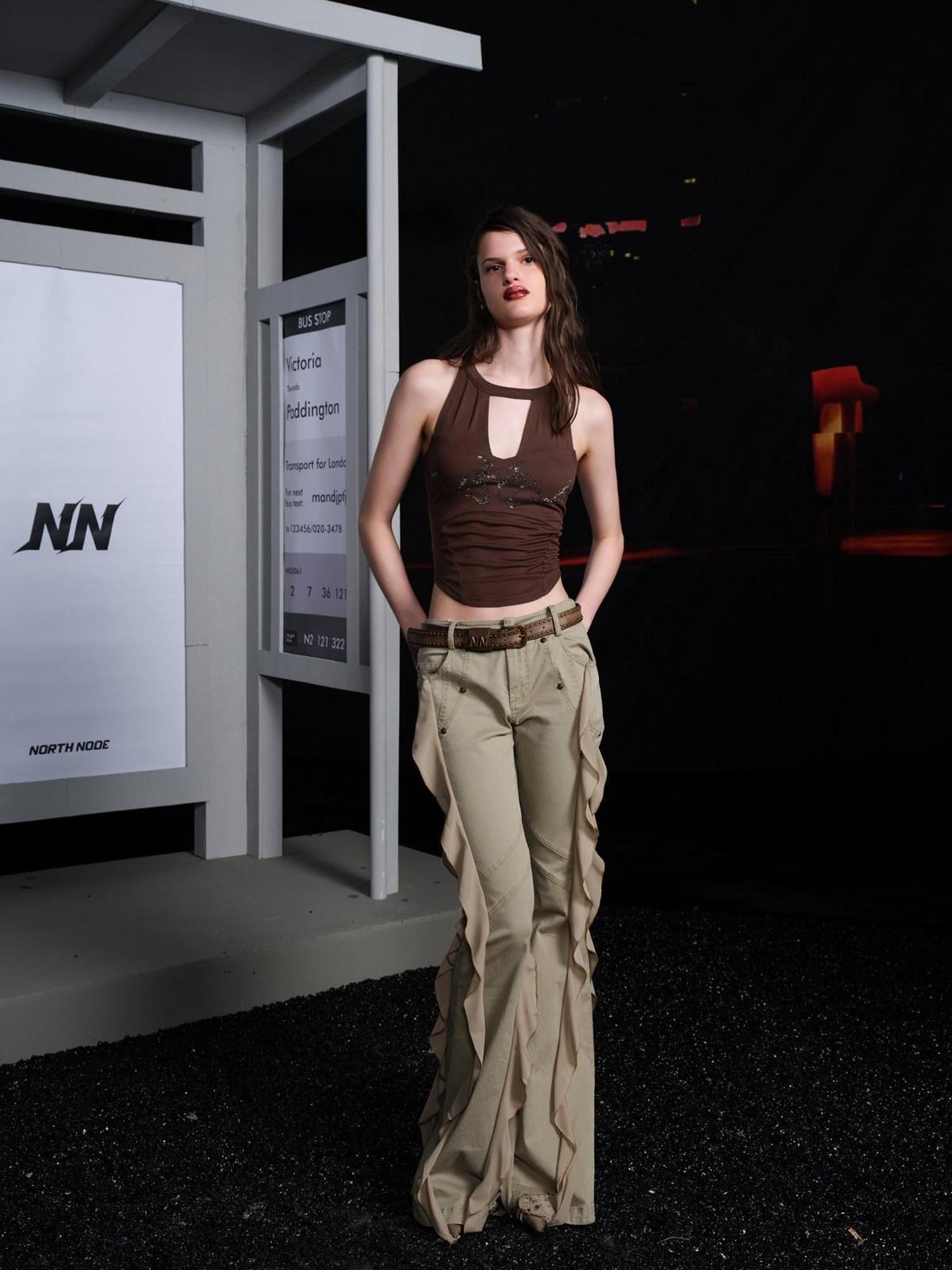 NORTH NODE Sheer Mesh Panel Hotfix Rhinestone Halter Neck Women&