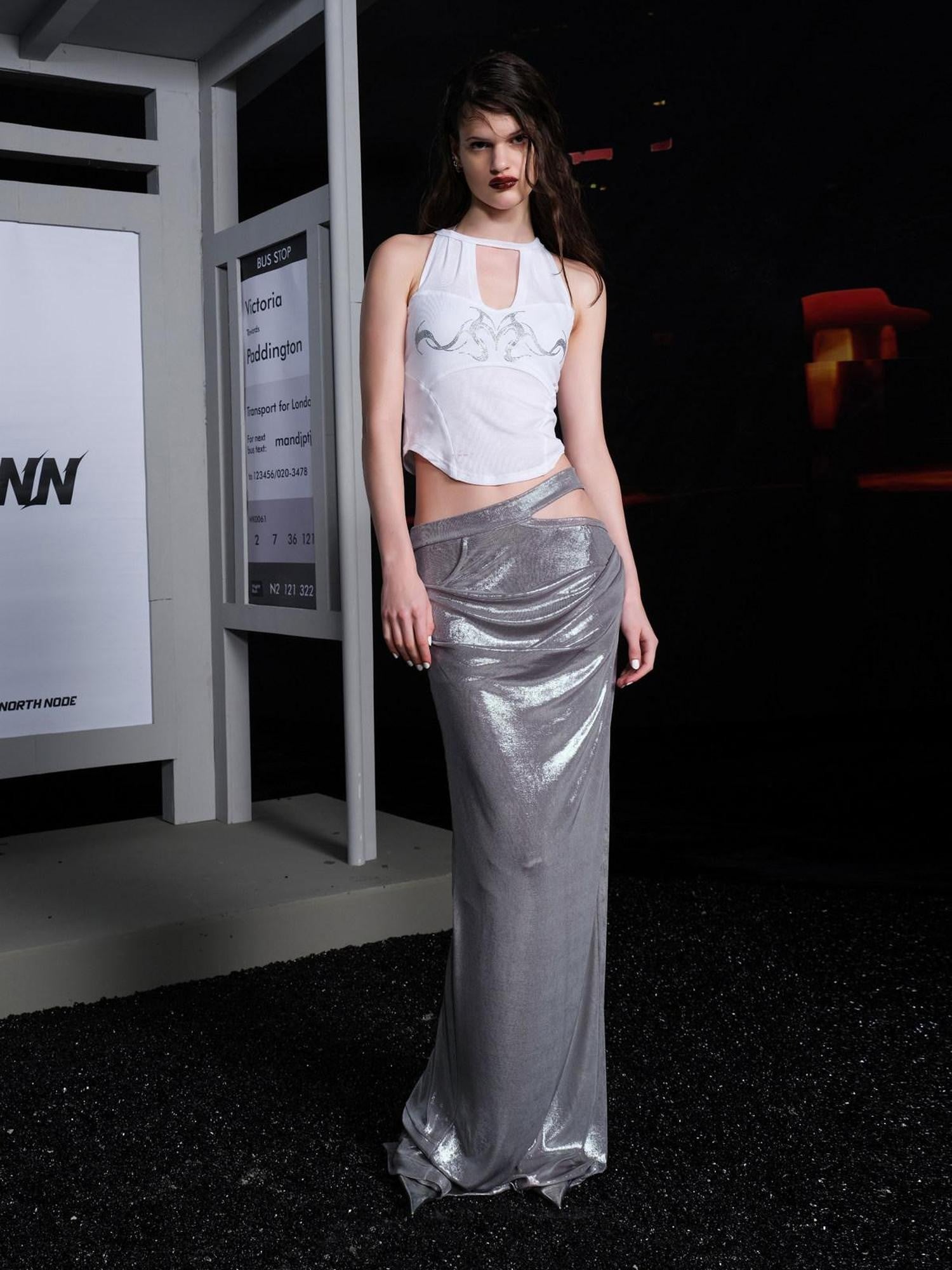 NORTH NODE Sheer Mesh Panel Hotfix Rhinestone Halter Neck Women&