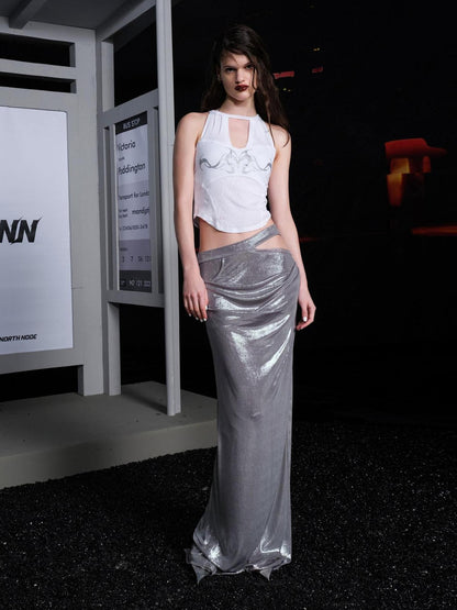 NORTH NODE Sheer Mesh Panel Hotfix Rhinestone Halter Neck Women&