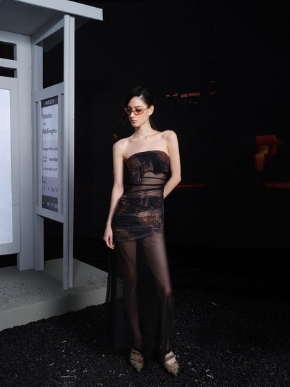 NORTH NODE Sheer Mesh Splice Strapless Straight Neckline Women&