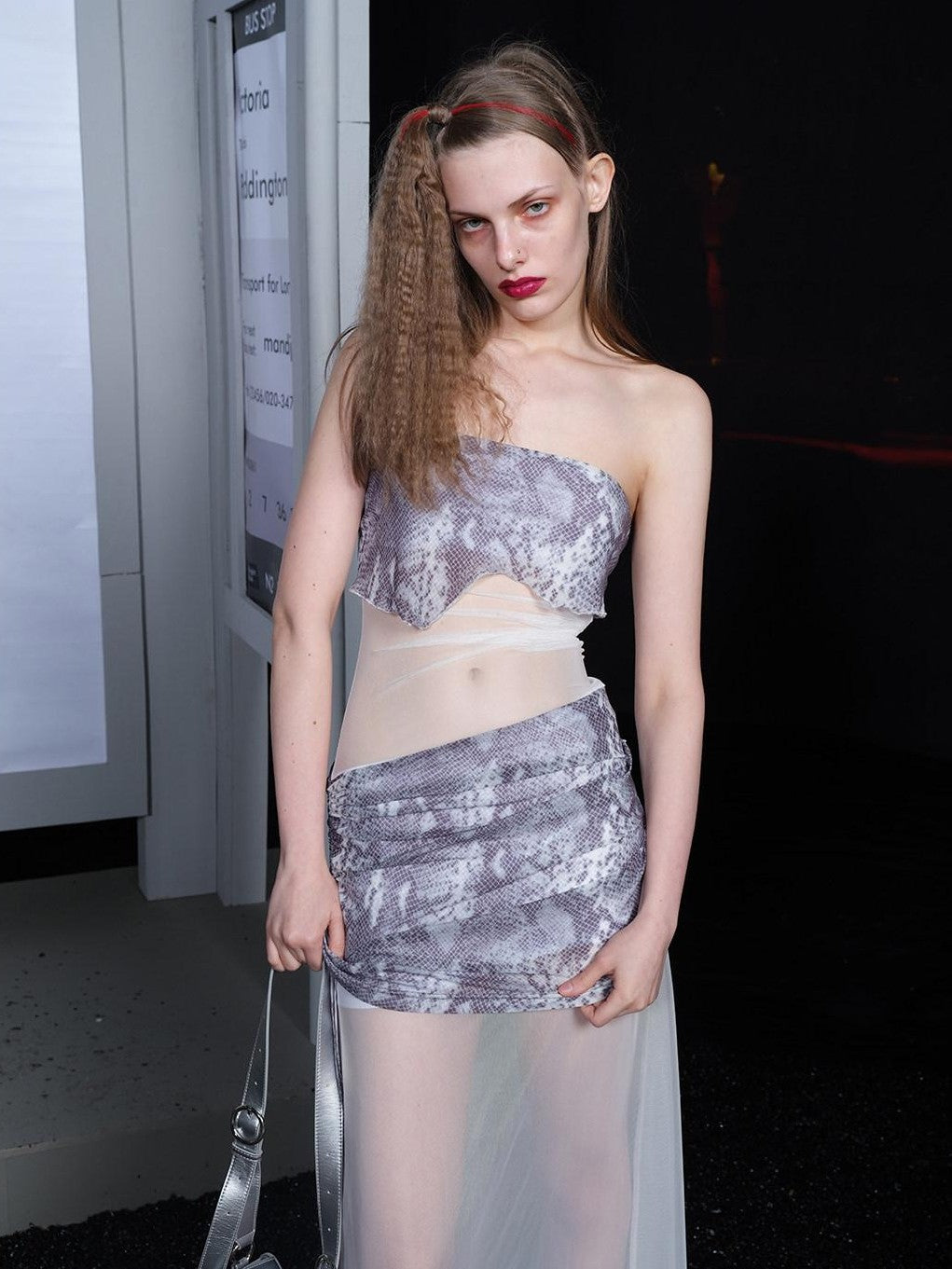 NORTH NODE Sheer Mesh Splice Strapless Straight Neckline Women&