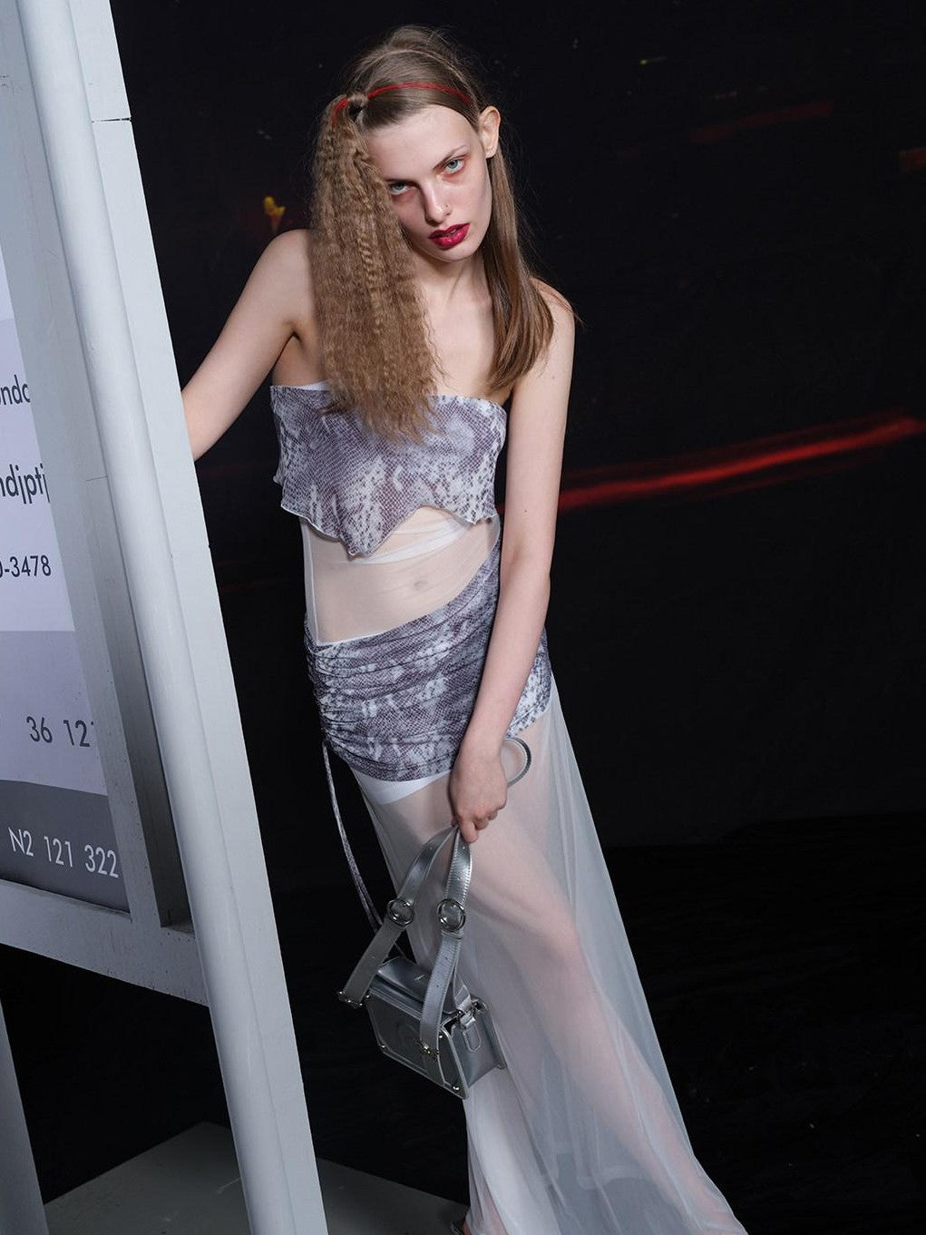 NORTH NODE Sheer Mesh Splice Strapless Straight Neckline Women&