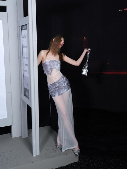 NORTH NODE Sheer Mesh Splice Strapless Straight Neckline Women&