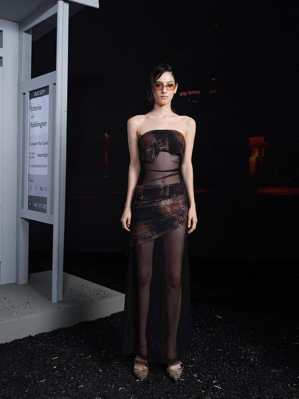 NORTH NODE Sheer Mesh Splice Strapless Straight Neckline Women&