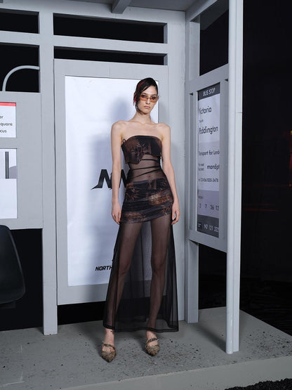 NORTH NODE Sheer Mesh Splice Strapless Straight Neckline Women&
