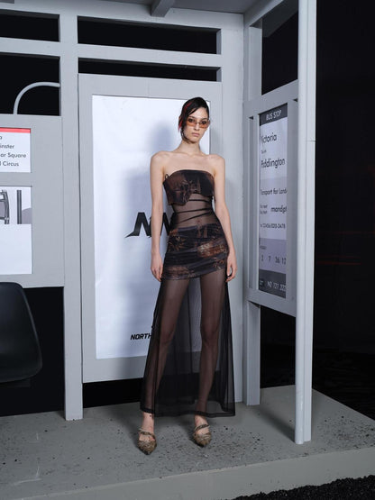 NORTH NODE Sheer Mesh Splice Strapless Straight Neckline Women&