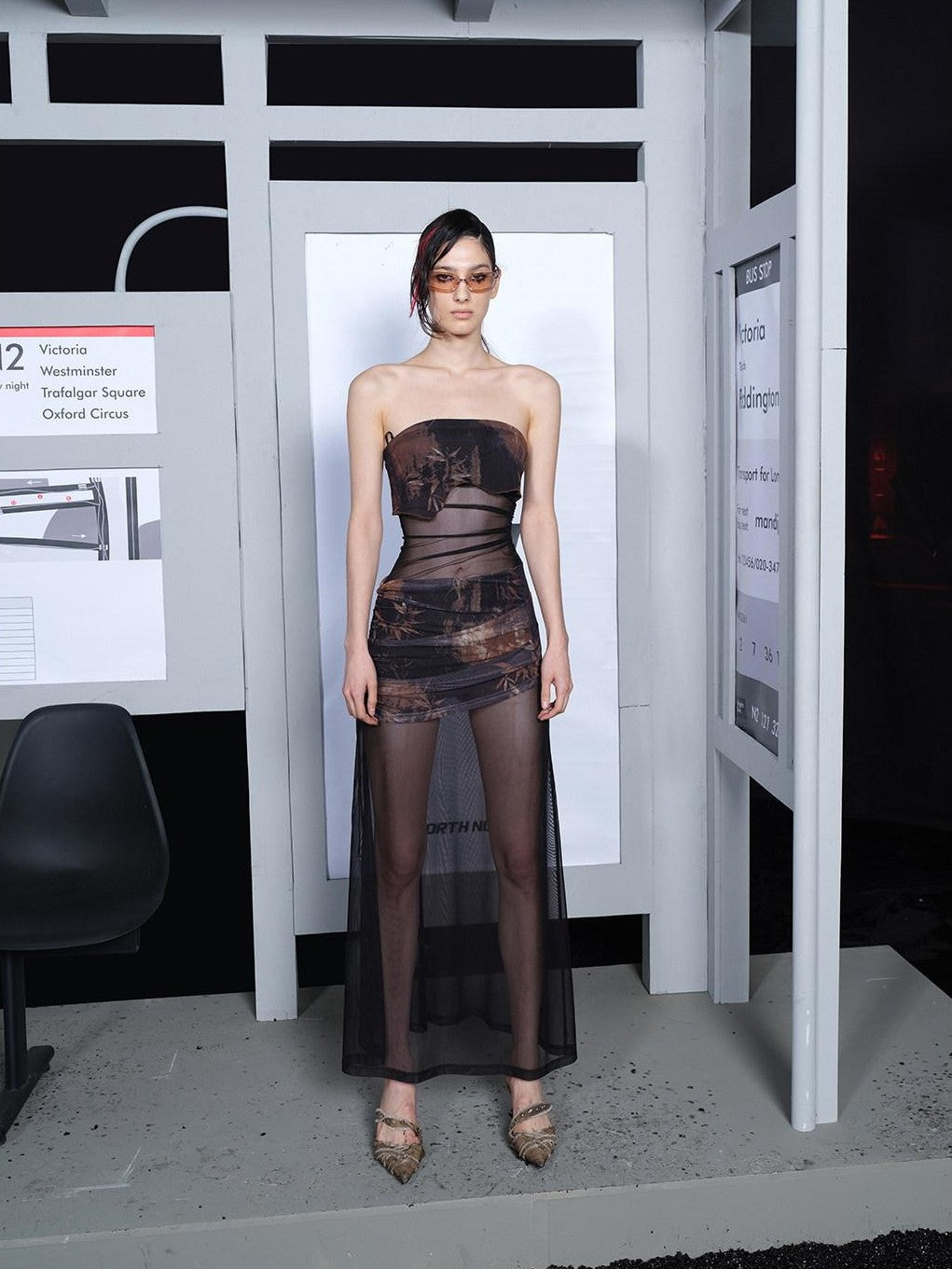 NORTH NODE Sheer Mesh Splice Strapless Straight Neckline Women&