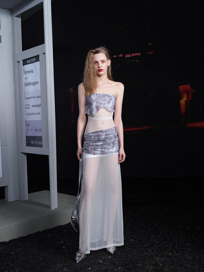 NORTH NODE Sheer Mesh Splice Strapless Straight Neckline Women&