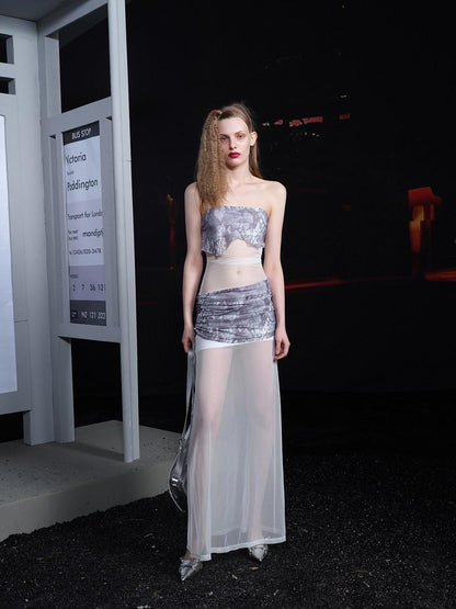 NORTH NODE Sheer Mesh Splice Strapless Straight Neckline Women&