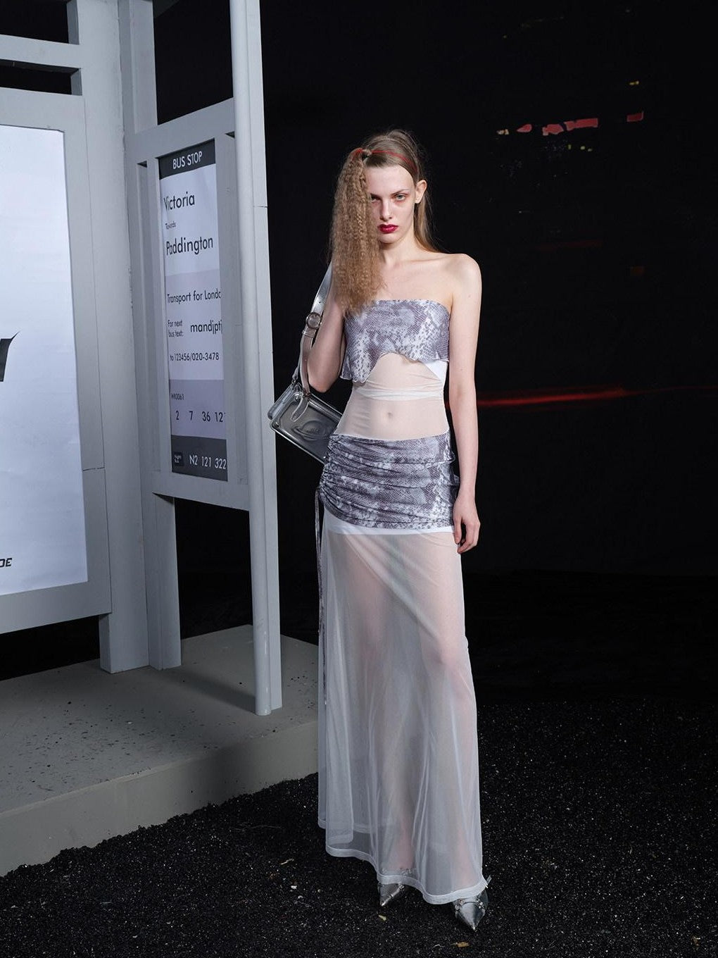 NORTH NODE Sheer Mesh Splice Strapless Straight Neckline Women&