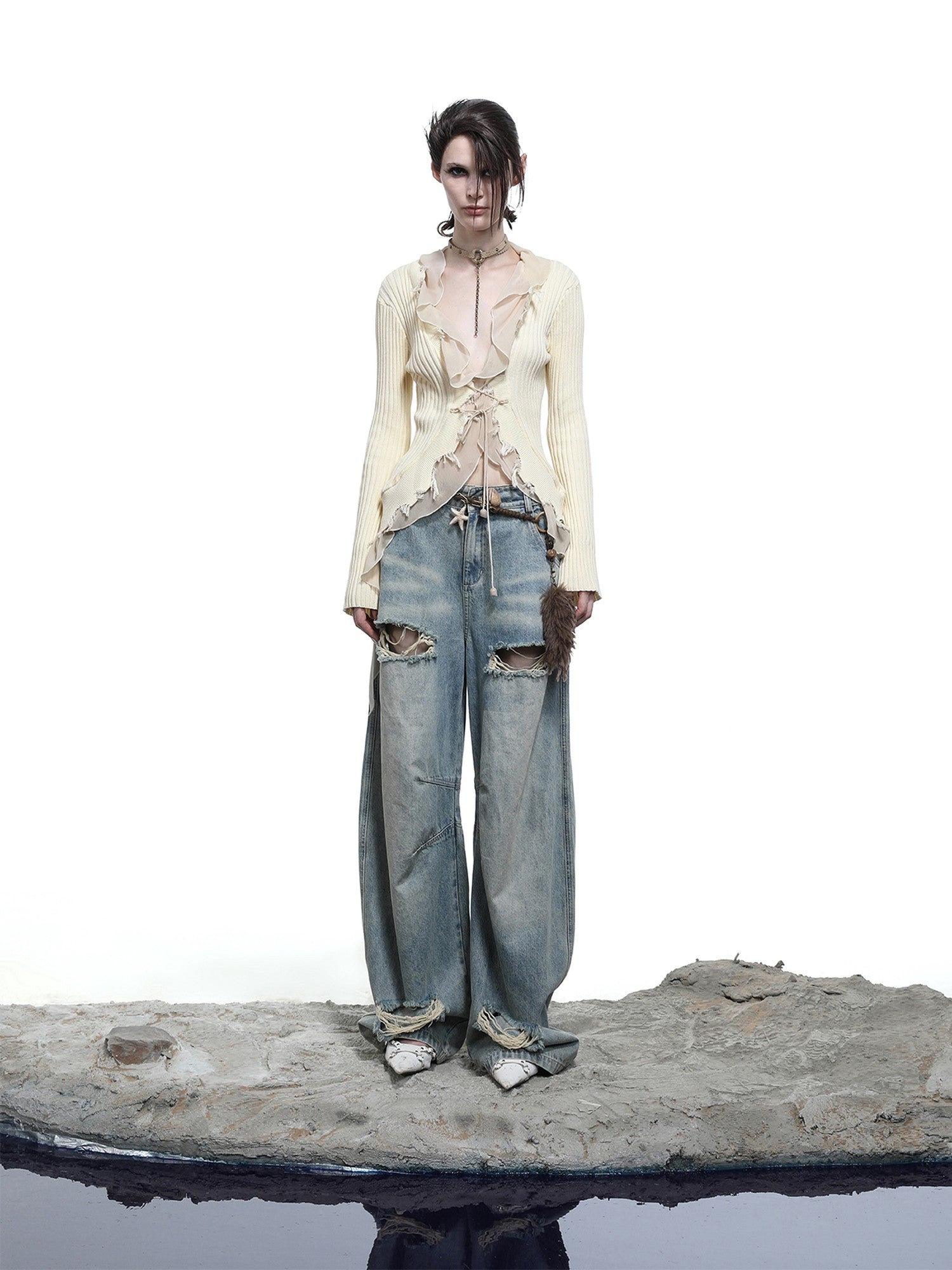 NORTH NODE Sheer Mesh Splice Tie Front Deconstructed V-neck Women&