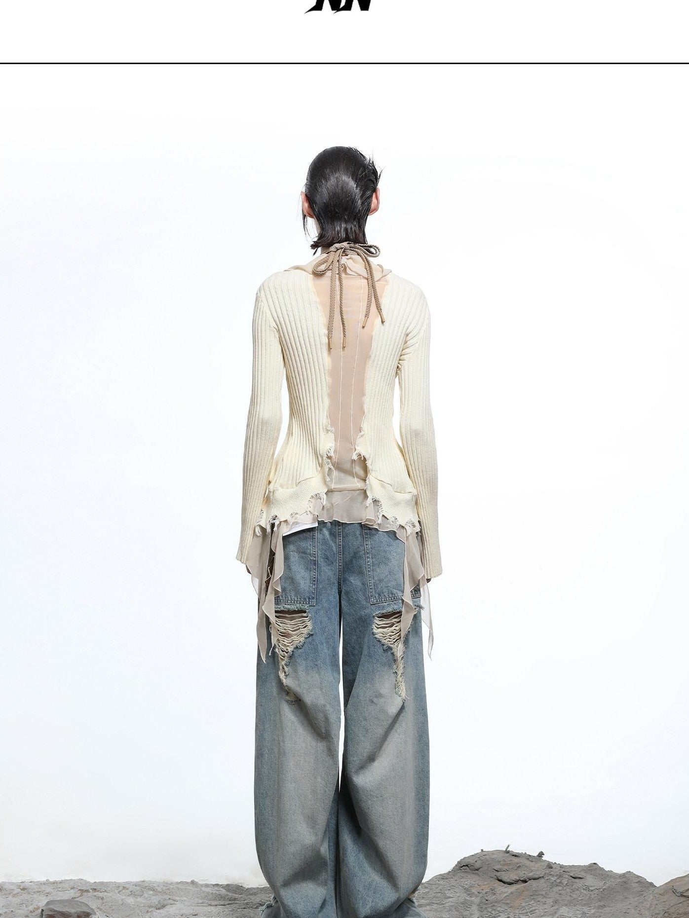 NORTH NODE Sheer Mesh Splice Tie Front Deconstructed V-neck Women&