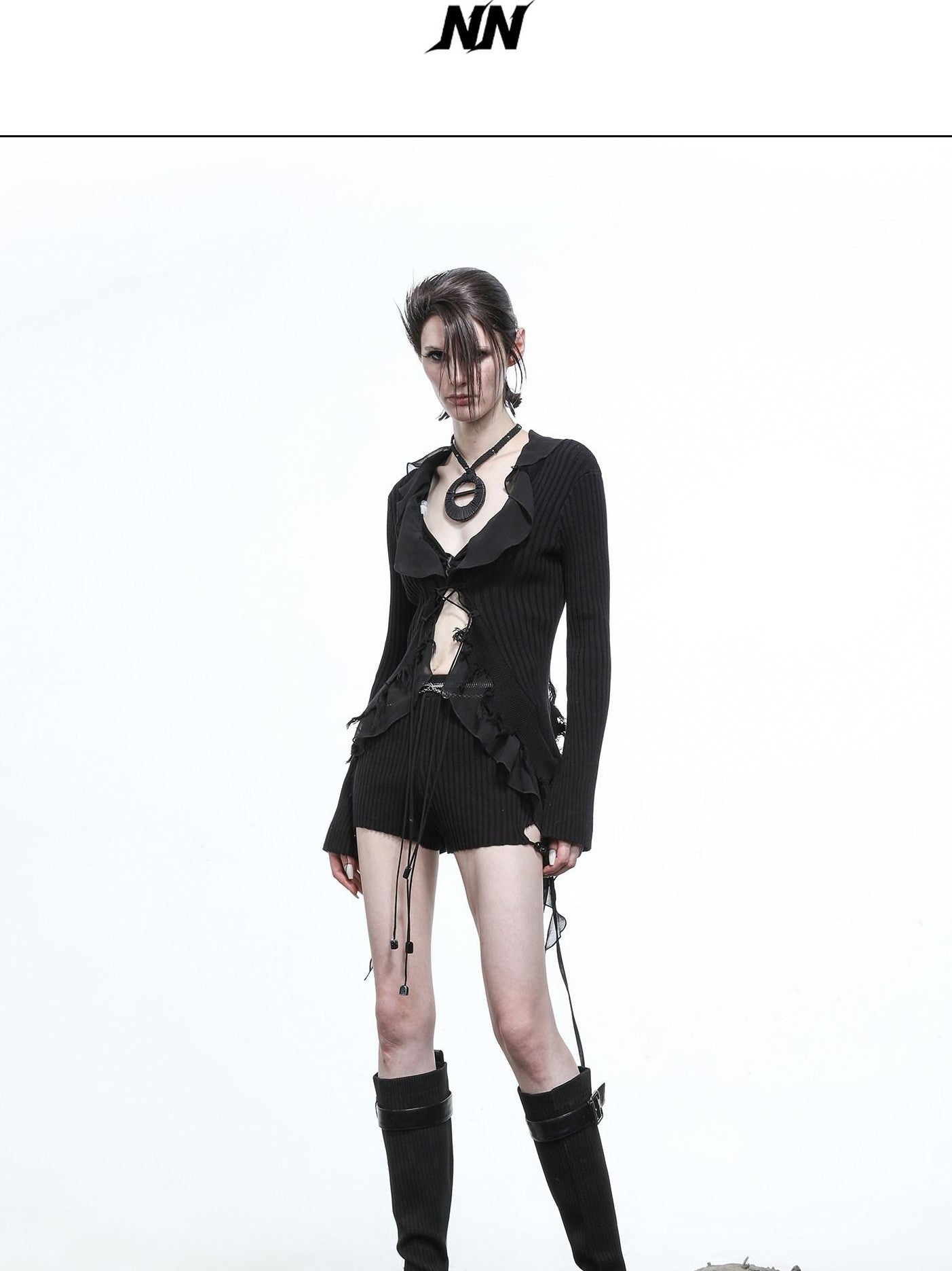 NORTH NODE Sheer Mesh Splice Tie Front Deconstructed V-neck Women&