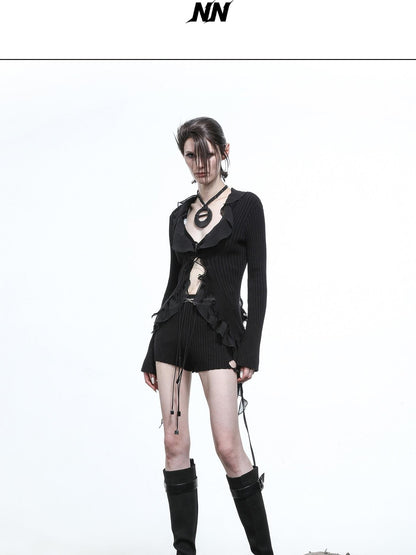 NORTH NODE Sheer Mesh Splice Tie Front Deconstructed V-neck Women&
