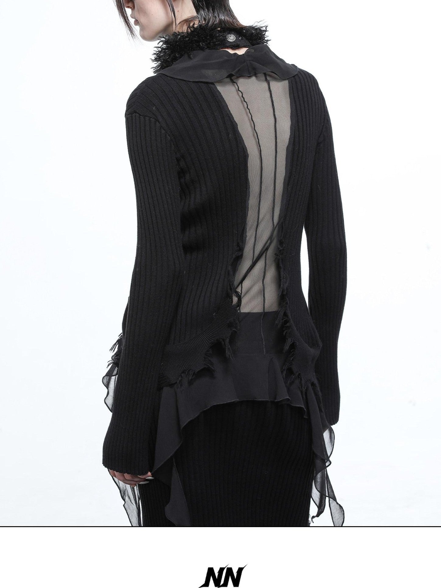 NORTH NODE Sheer Mesh Splice Tie Front Deconstructed V-neck Women&