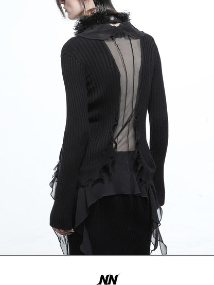 NORTH NODE Sheer Mesh Splice Tie Front Deconstructed V-neck Women&