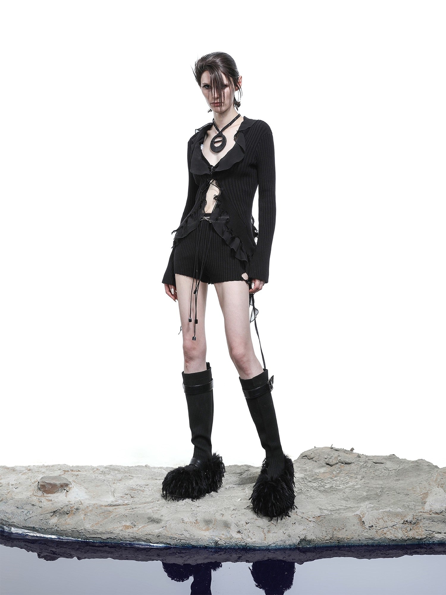 NORTH NODE Sheer Mesh Splice Tie Front Deconstructed V-neck Women&