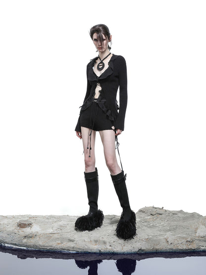 NORTH NODE Sheer Mesh Splice Tie Front Deconstructed V-neck Women&