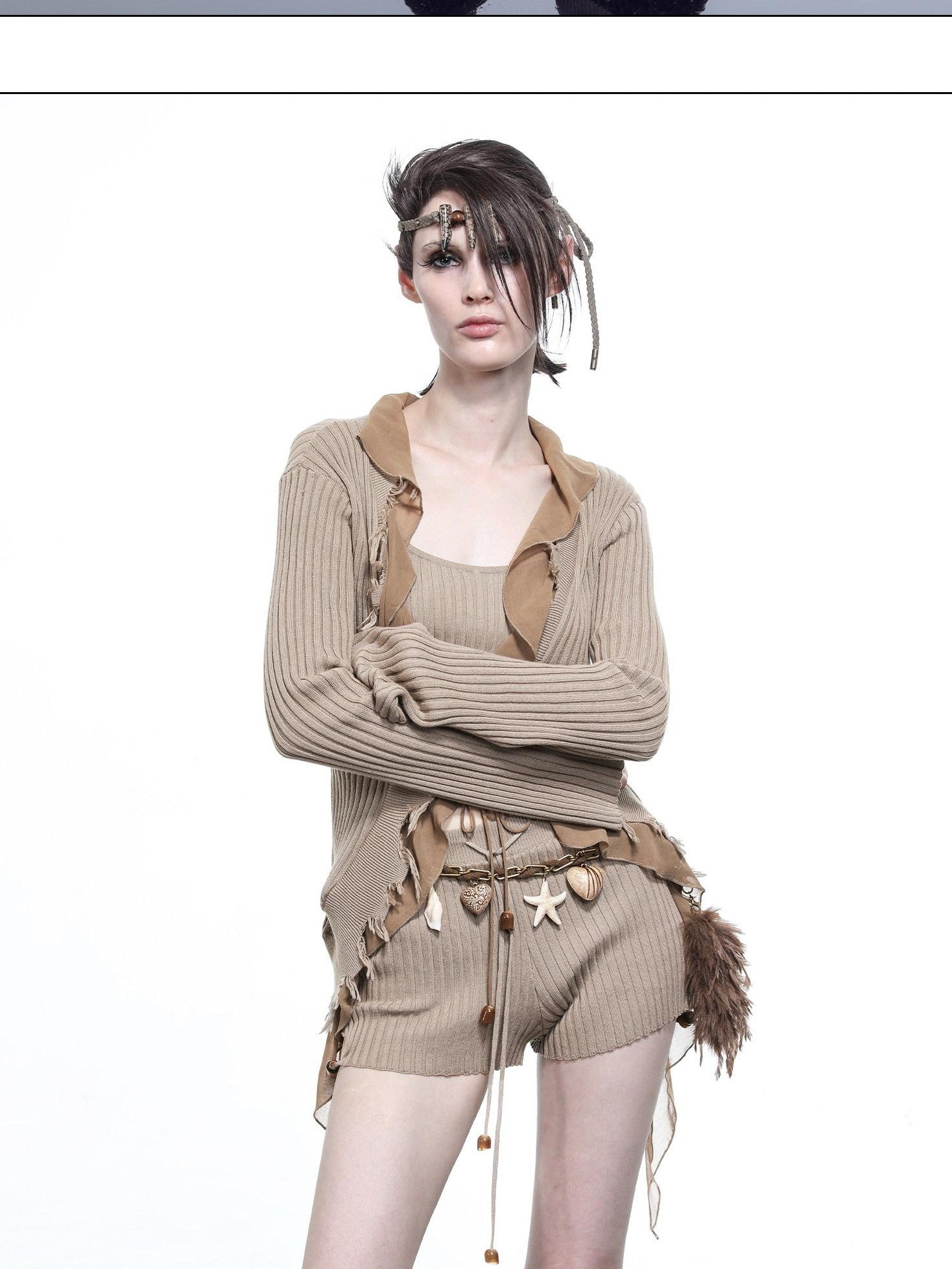 NORTH NODE Sheer Mesh Splice Tie Front Deconstructed V-neck Women&
