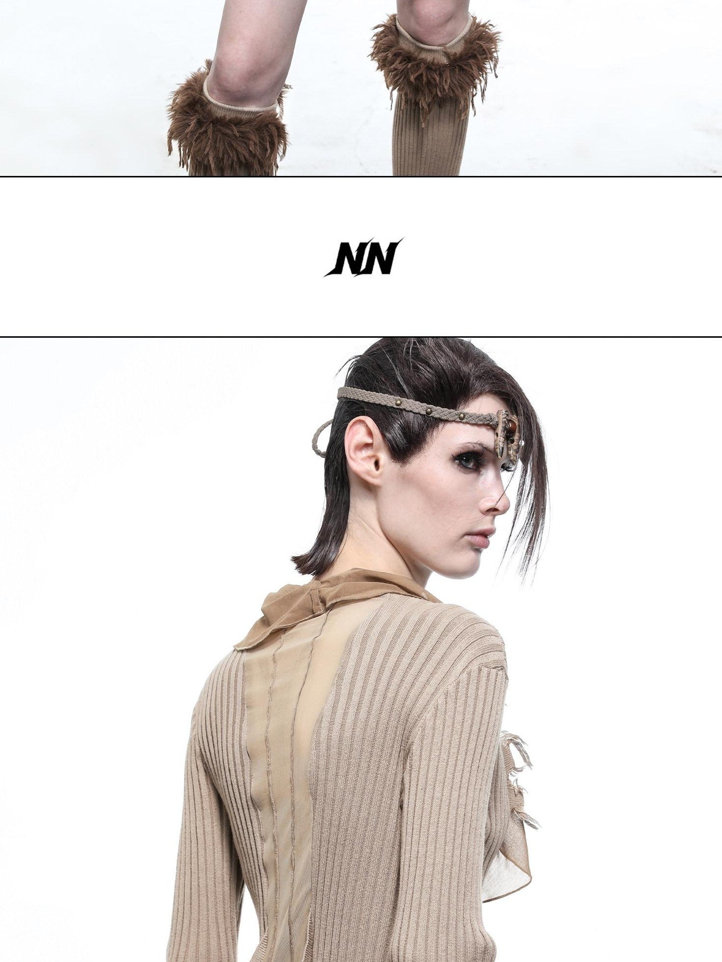 NORTH NODE Sheer Mesh Splice Tie Front Deconstructed V-neck Women&