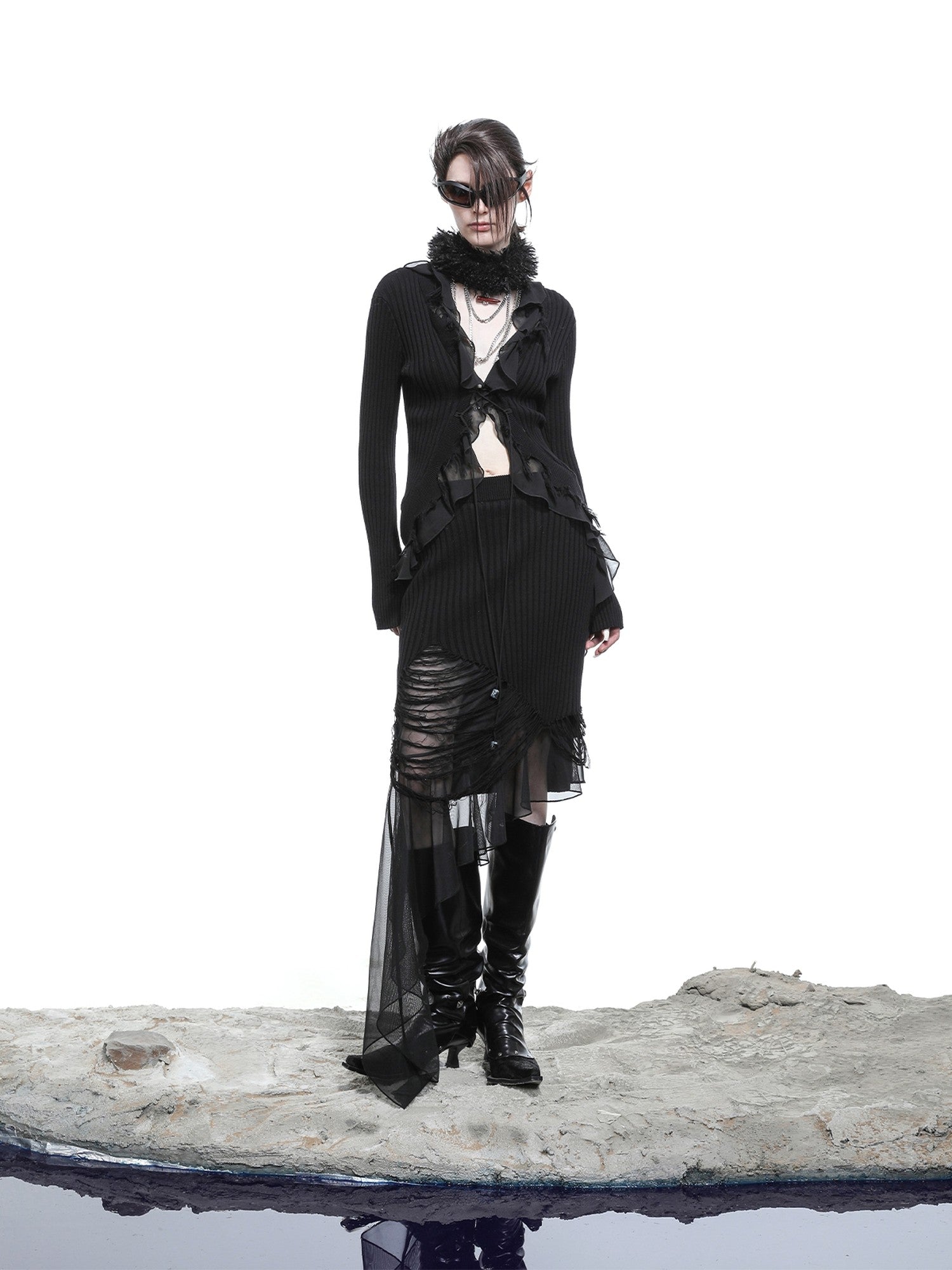 NORTH NODE Sheer Mesh Splice Tie Front Deconstructed V-neck Women&