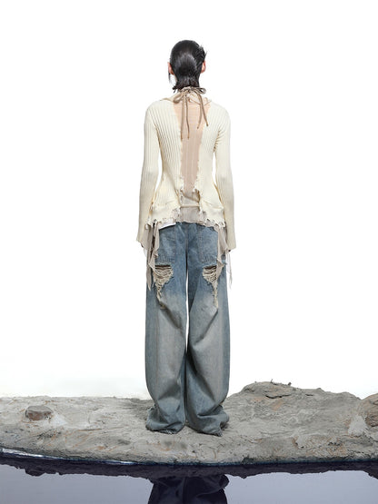 NORTH NODE Sheer Mesh Splice Tie Front Deconstructed V-neck Women&