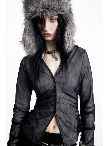 NORTH_NODE_Sheer_Mesh_Spliced_Pleated_Short_Slim_V-neck_Women&