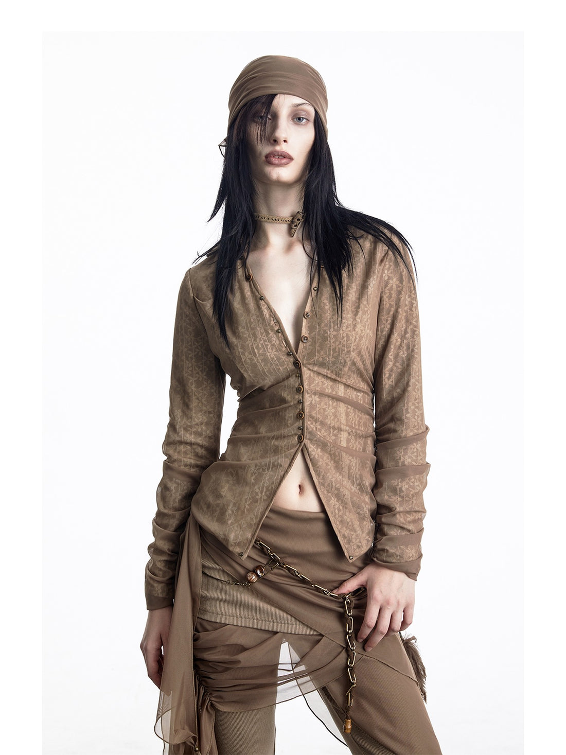 NORTH NODE Sheer Mesh Spliced Pleated Short Slim V-neck Women&