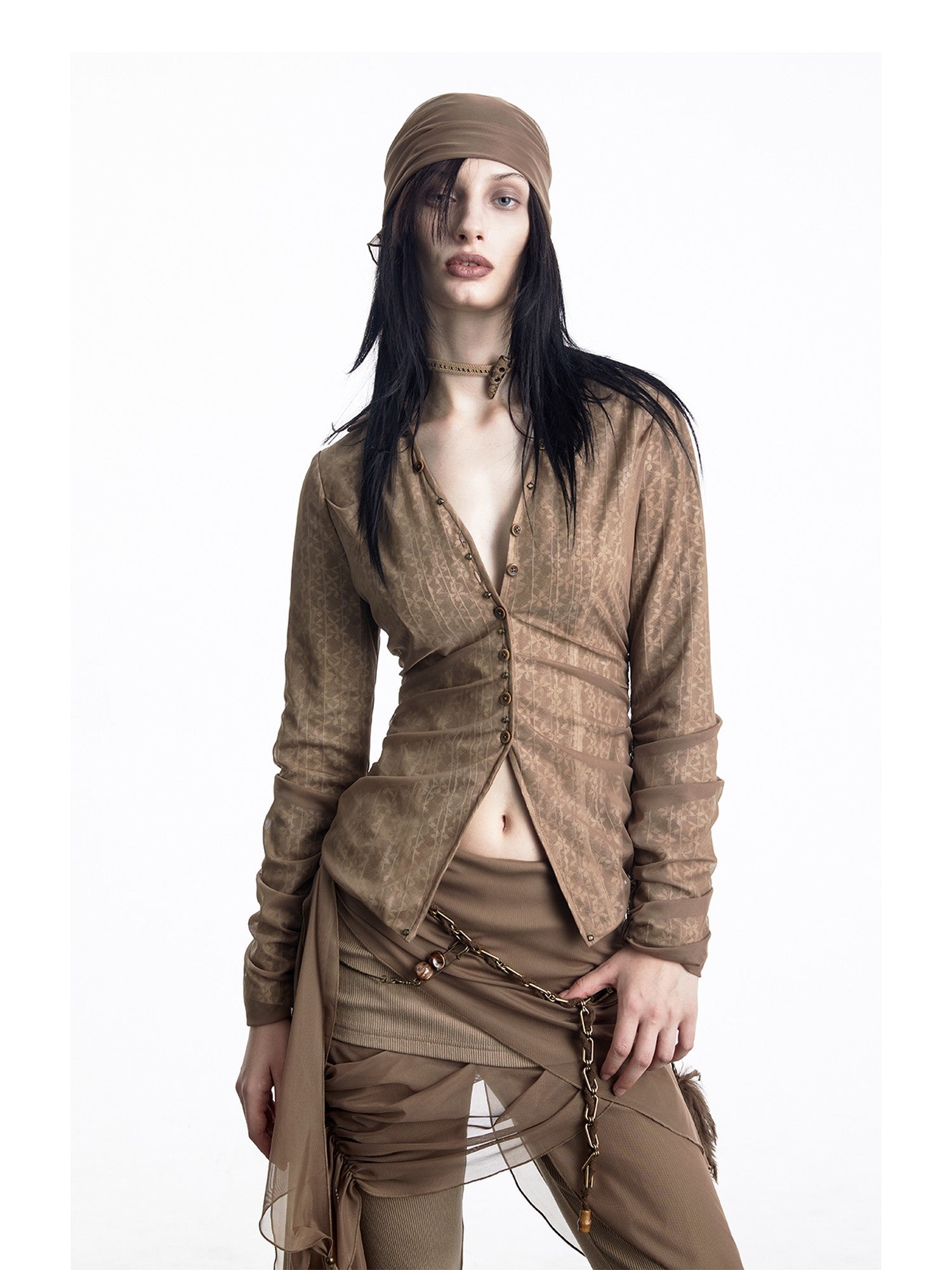 NORTH NODE Sheer Mesh Spliced Pleated Short Slim V-neck Women&