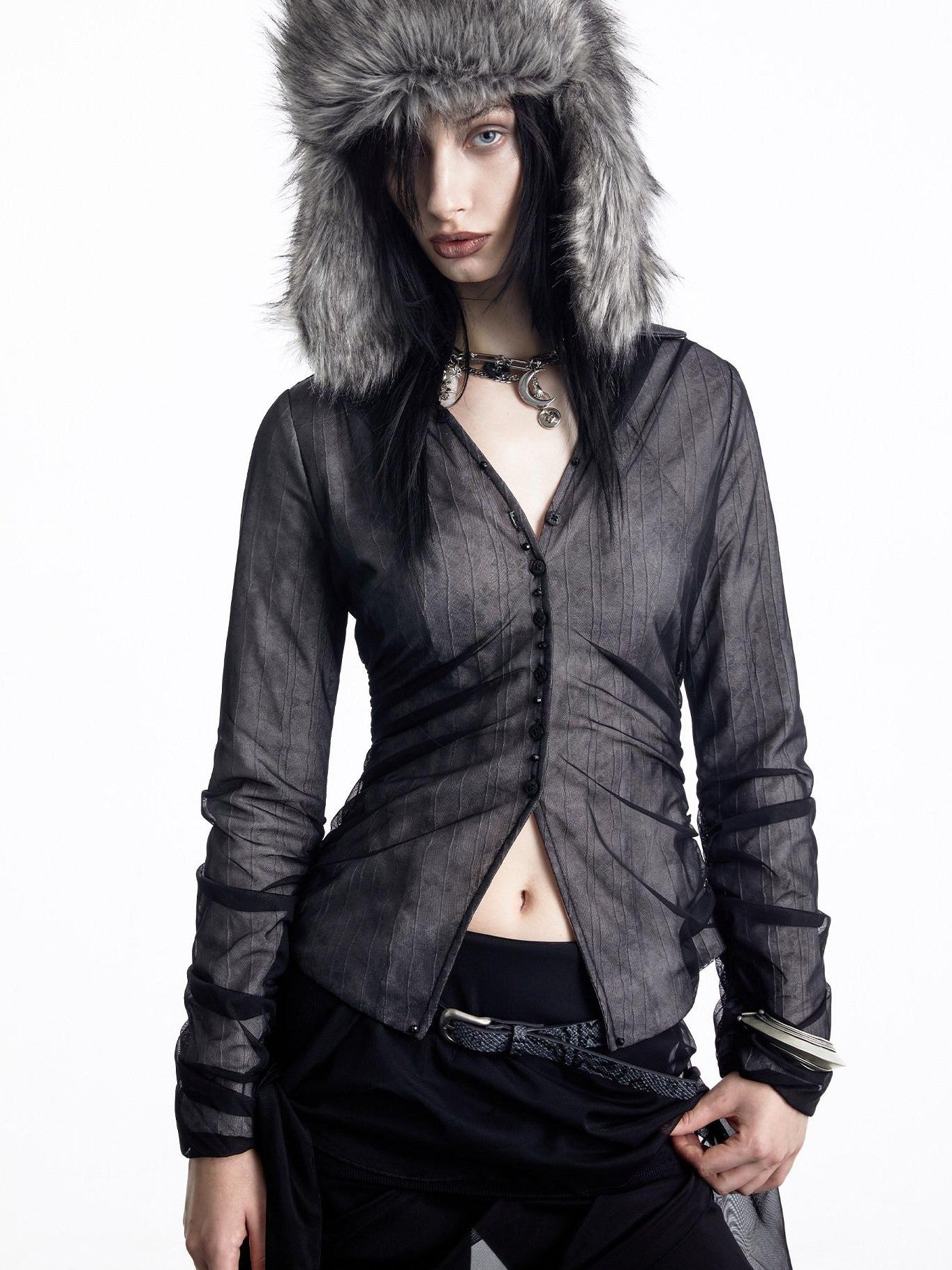 NORTH NODE Sheer Mesh Spliced Pleated Short Slim V-neck Women&