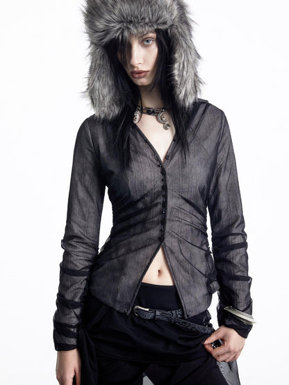 NORTH NODE Sheer Mesh Spliced Pleated Short Slim V-neck Women&