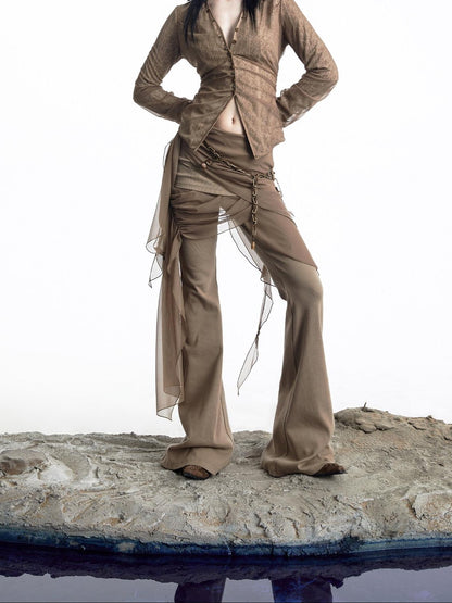 NORTH NODE Sheer Mesh Spliced Pleated Short Slim V-neck Women&