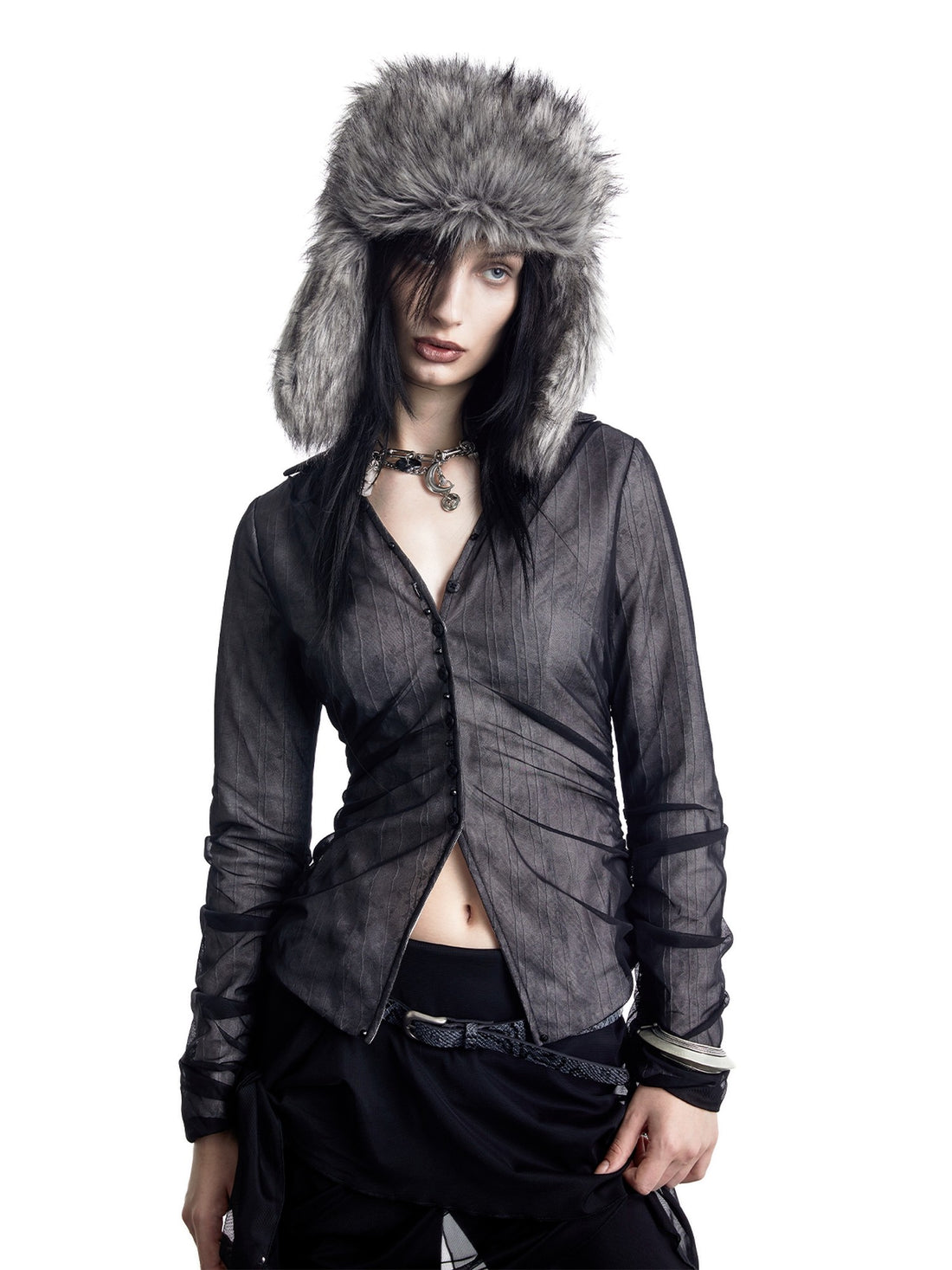 NORTH NODE Sheer Mesh Spliced Pleated Short Slim V-neck Women&