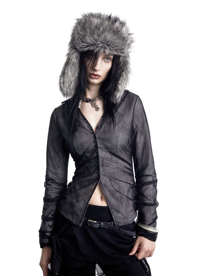 NORTH NODE Sheer Mesh Spliced Pleated Short Slim V-neck Women&