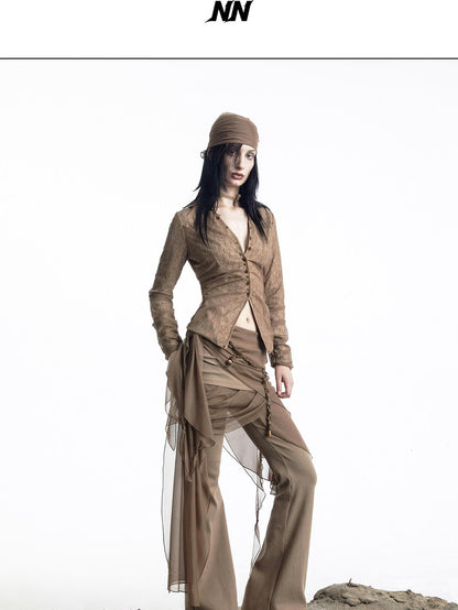 NORTH NODE Sheer Mesh Spliced Pleated Short Slim V-neck Women&