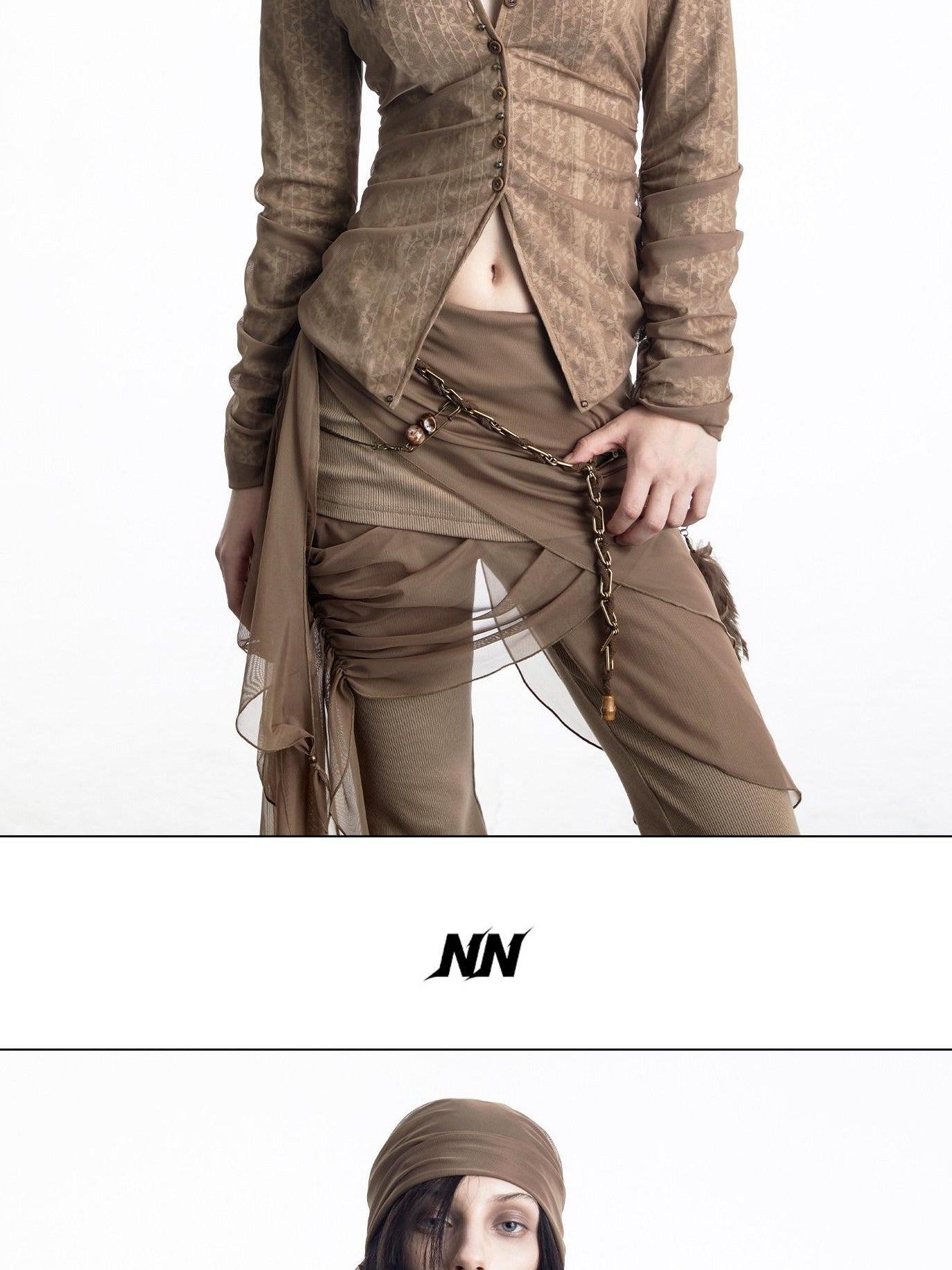 NORTH NODE Sheer Mesh Spliced Pleated Short Slim V-neck Women&