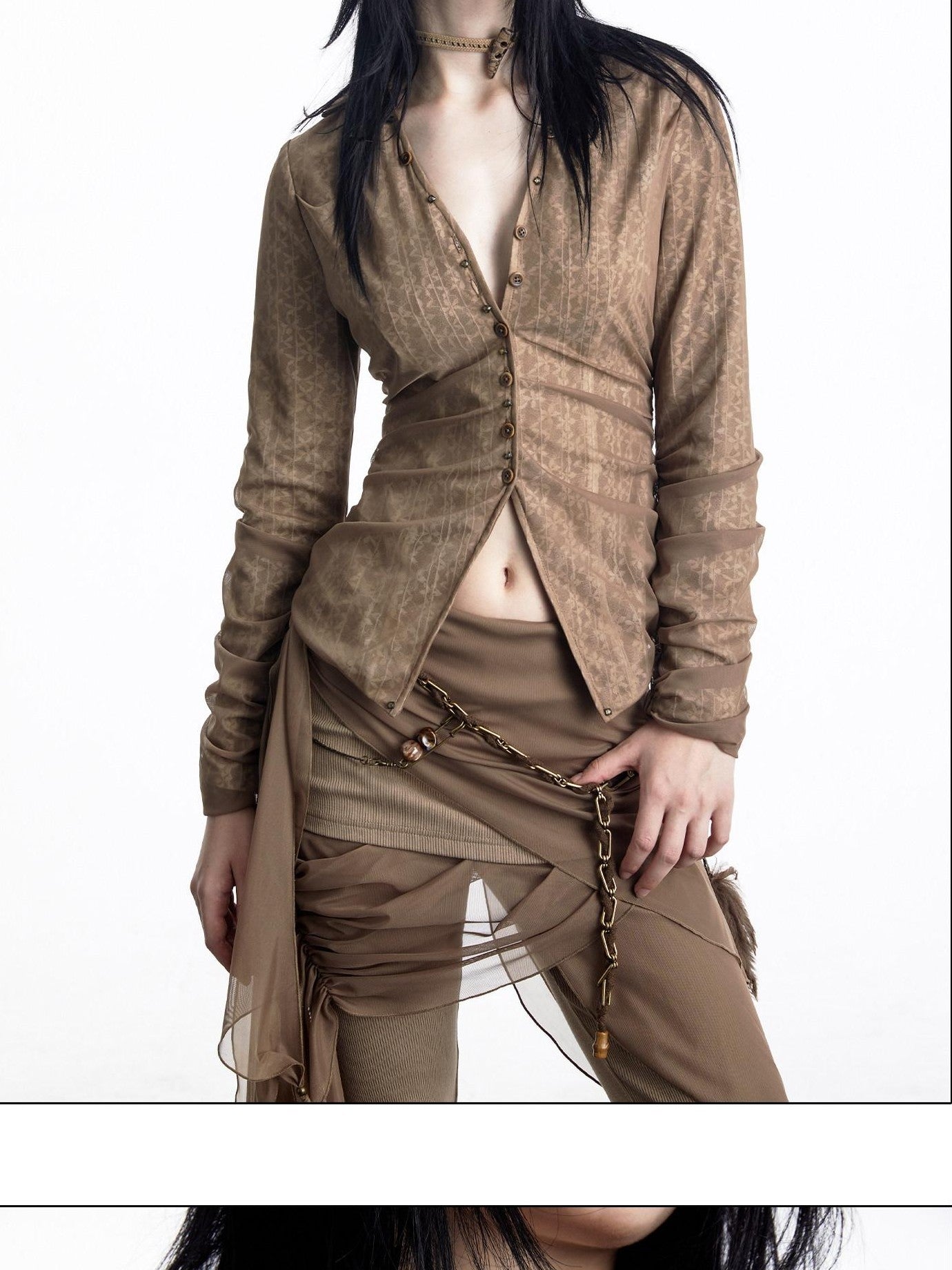 NORTH NODE Sheer Mesh Spliced Pleated Short Slim V-neck Women&