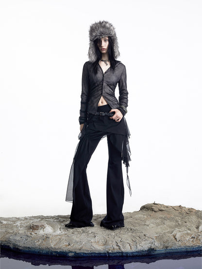 NORTH NODE Sheer Mesh Spliced Pleated Short Slim V-neck Women&