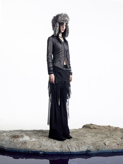 NORTH NODE Sheer Mesh Spliced Pleated Short Slim V-neck Women&