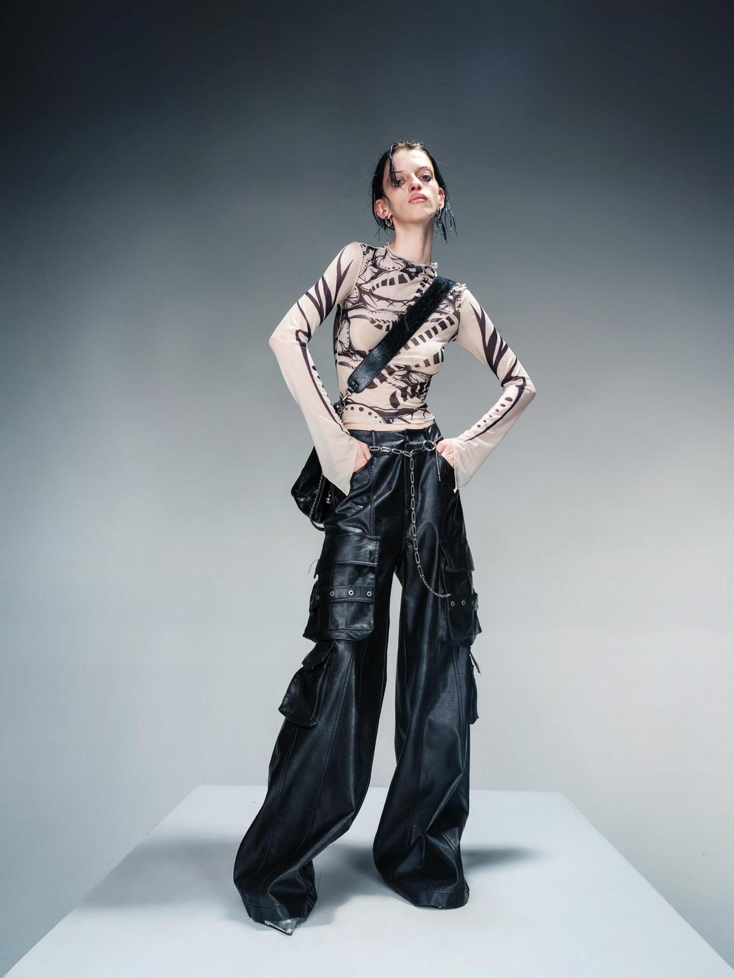 NORTH NODE Sheer Mesh Tattoo Print Slimming Women&