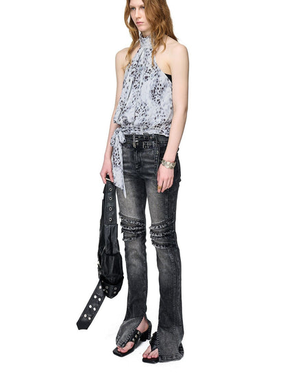 NORTH NODE Sheer Polka Dot Beaded Ruched Pleated Women&
