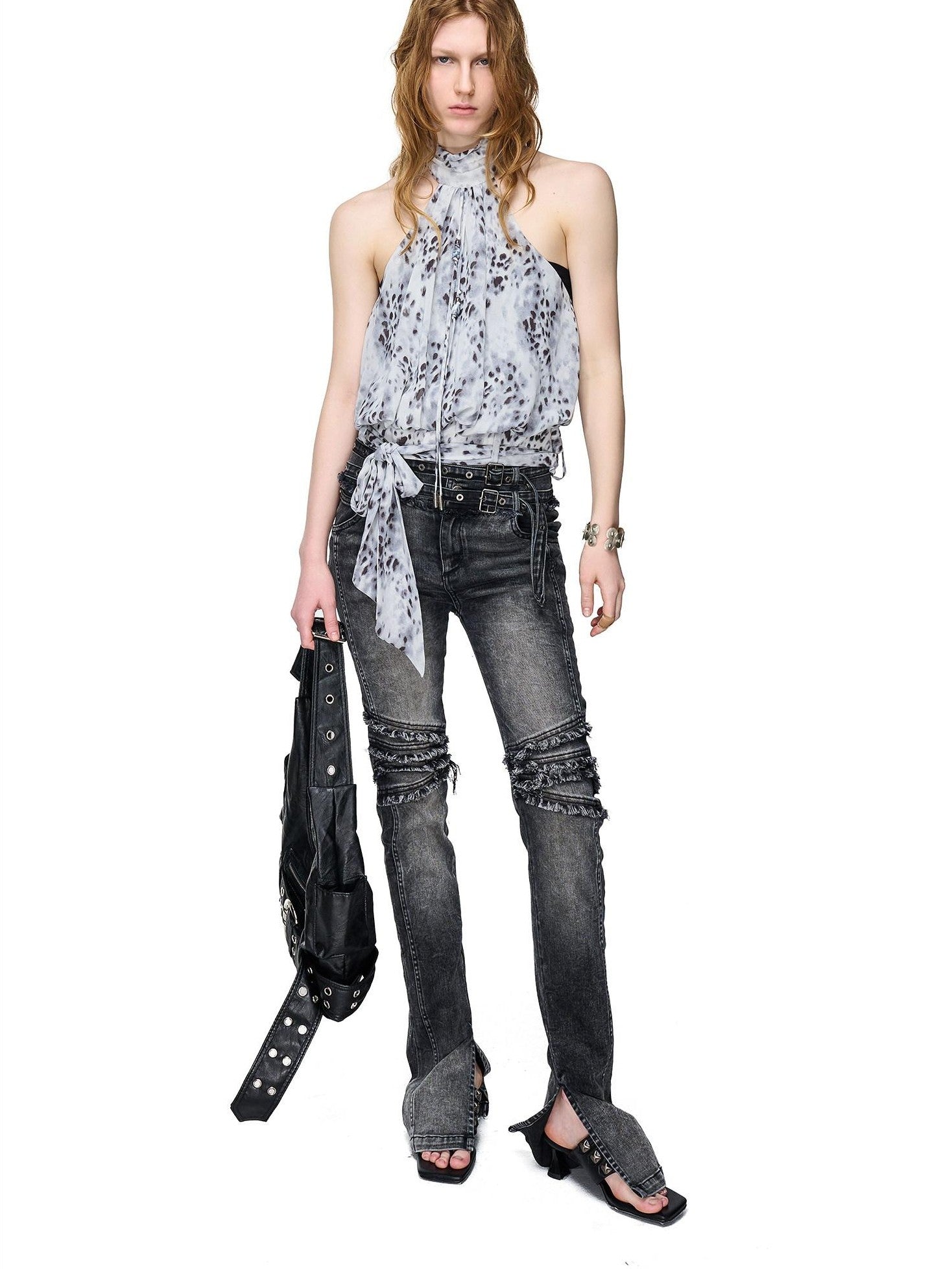NORTH NODE Sheer Polka Dot Beaded Ruched Pleated Women&