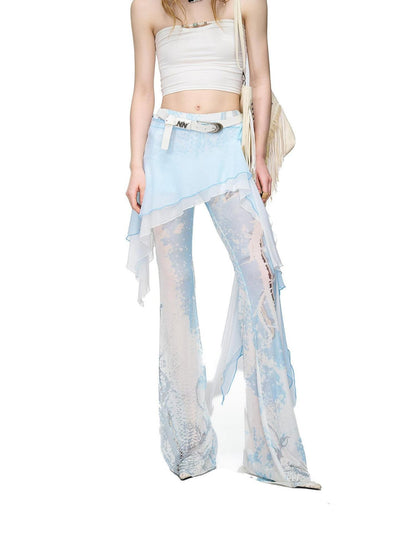 NORTH NODE Sheer Printed Asymmetrical Ruffle Hip Cover Women&