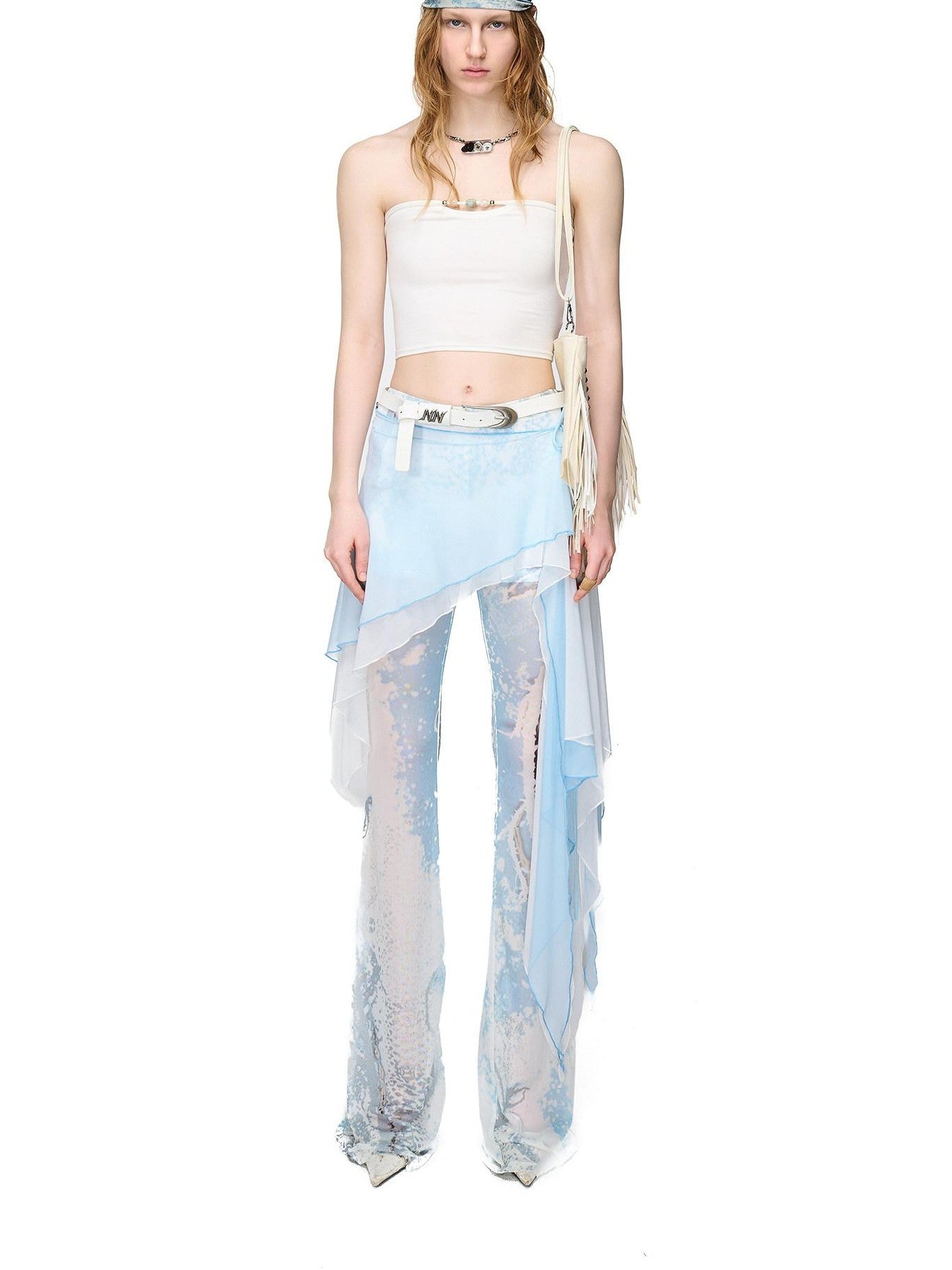 NORTH NODE Sheer Printed Asymmetrical Ruffle Hip Cover Women&