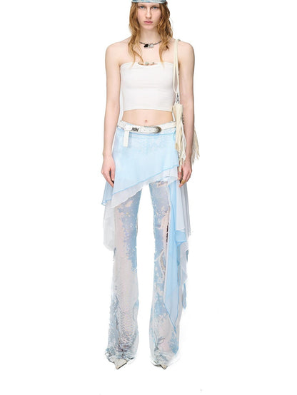 NORTH NODE Sheer Printed Asymmetrical Ruffle Hip Cover Women&