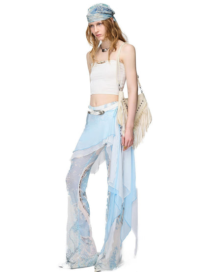 NORTH NODE Sheer Printed Asymmetrical Ruffle Hip Cover Women&